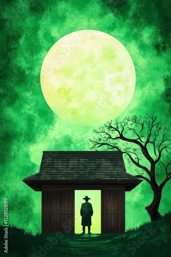 Mysterious Figure in Wooden House under a Pale Yellow Moon at Night