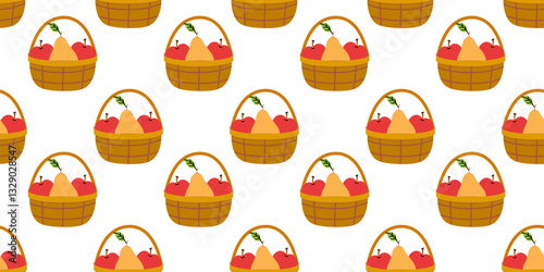 Pattern of baskets filled with apples and pears on a white background showcasing seasonal fruits