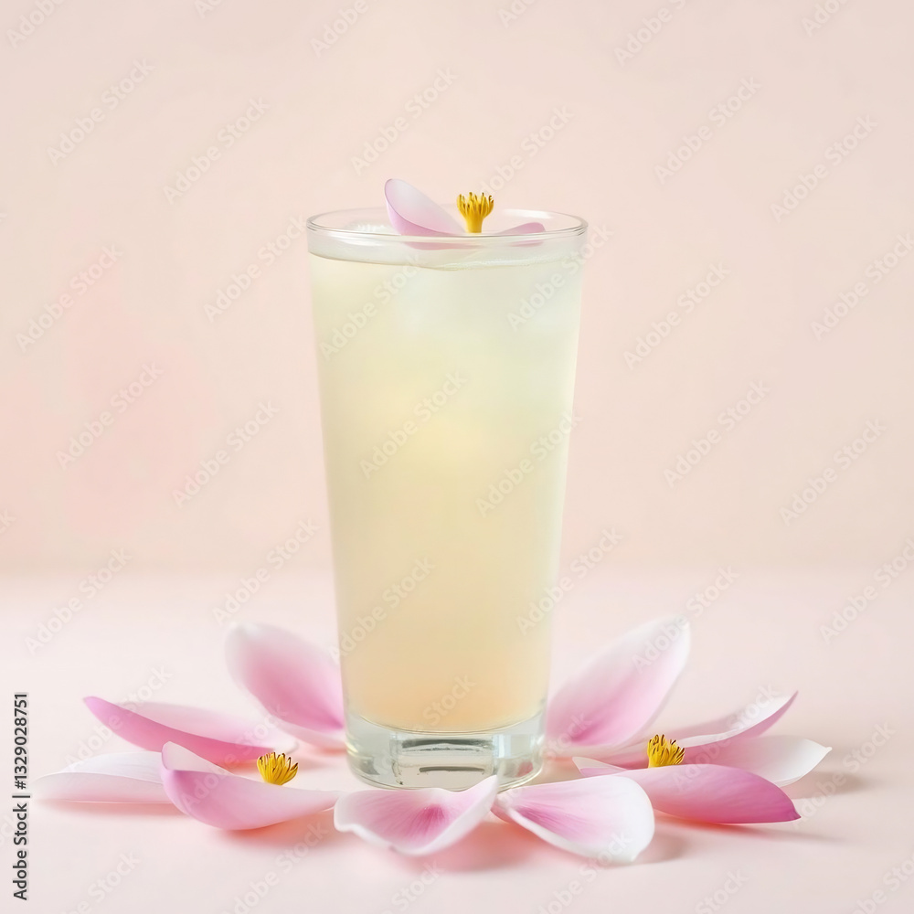 Spring-Inspired Drink: A Single Beverage with a Delicate Petal on Pastel Background Spring-Inspired Drink: A Single Beverage with a Delicate Petal on Pastel Background
