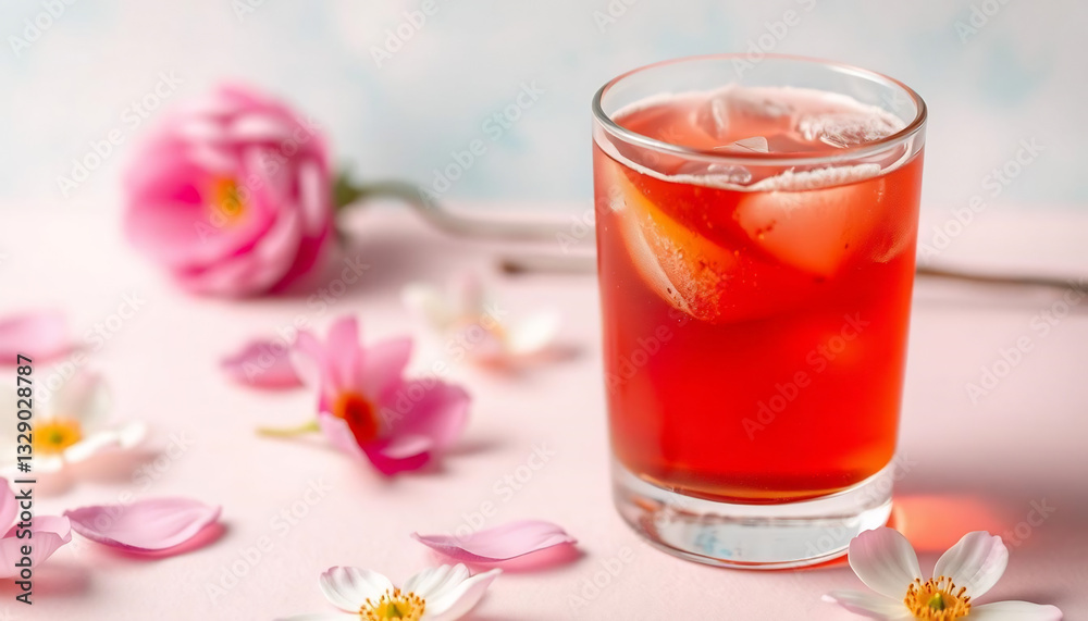 Spring-Inspired Drink: A Single Beverage with a Delicate Petal on Pastel Background Spring-Inspired Drink: A Single Beverage with a Delicate Petal on Pastel Background