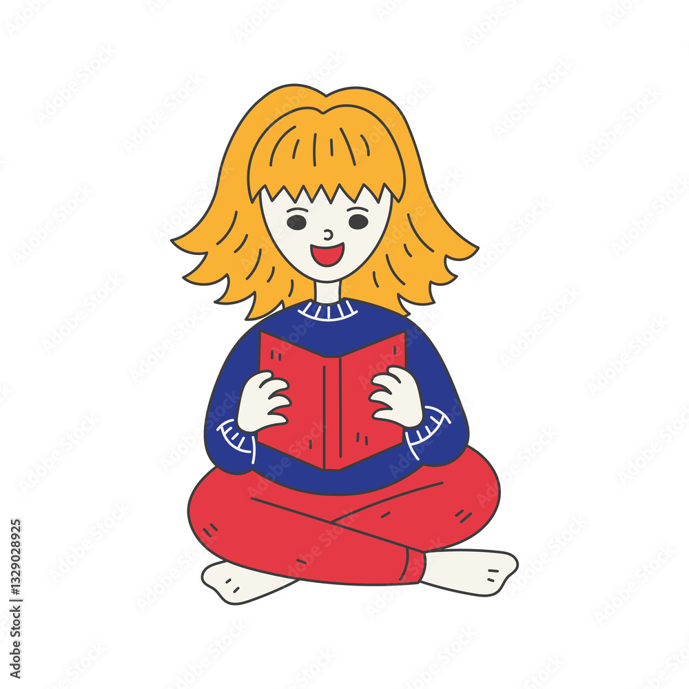Girl Sitting and Reading Book. Woman learning or studying. Quirky Doodle style person holding dictionary. Knowledge Education cartoon human. Vector illustration Girl Sitting and Reading Book. Woman learning or studying. Quirky Doodle style person holding dictionary. Knowledge Education cartoon human. Vector illustration