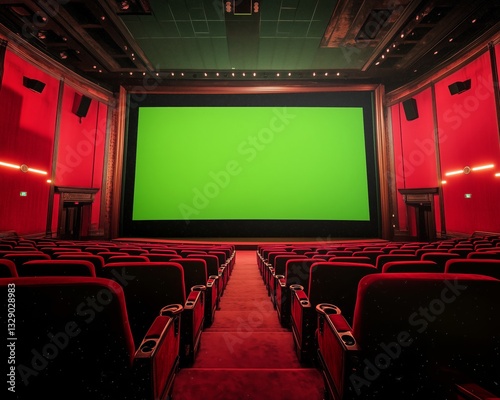 Empty cinema hall with green screen and red seating. movie theater screen glowing with a green screen