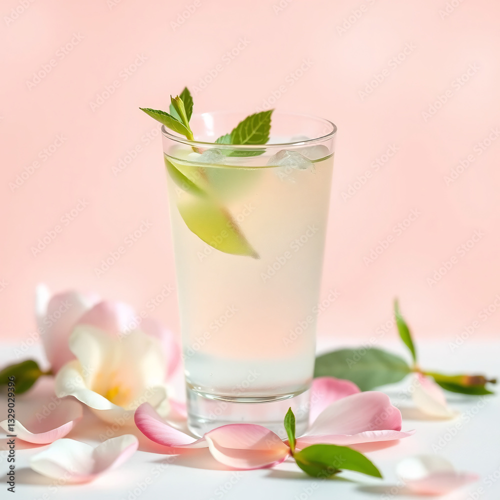 Spring-Inspired Drink: A Single Beverage with a Delicate Petal on Pastel Background Spring-Inspired Drink: A Single Beverage with a Delicate Petal on Pastel Background