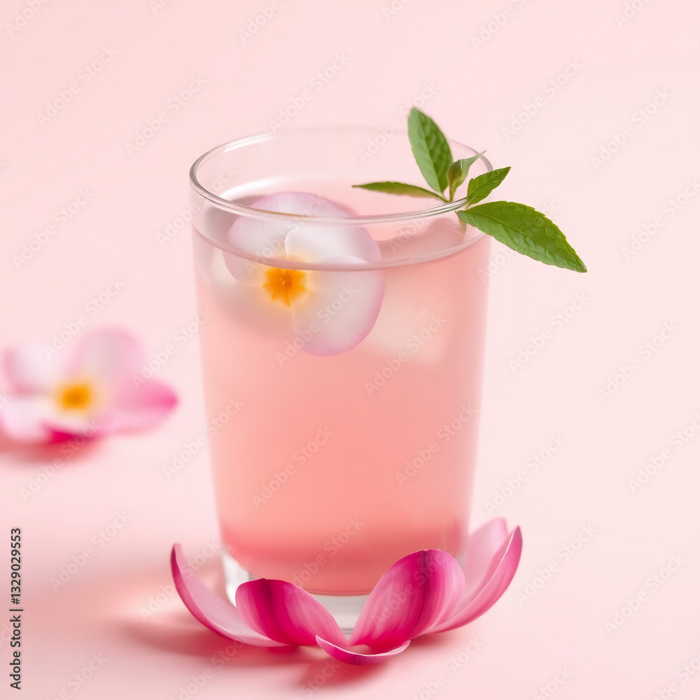 Spring-Inspired Drink: A Single Beverage with a Delicate Petal on Pastel Background Spring-Inspired Drink: A Single Beverage with a Delicate Petal on Pastel Background