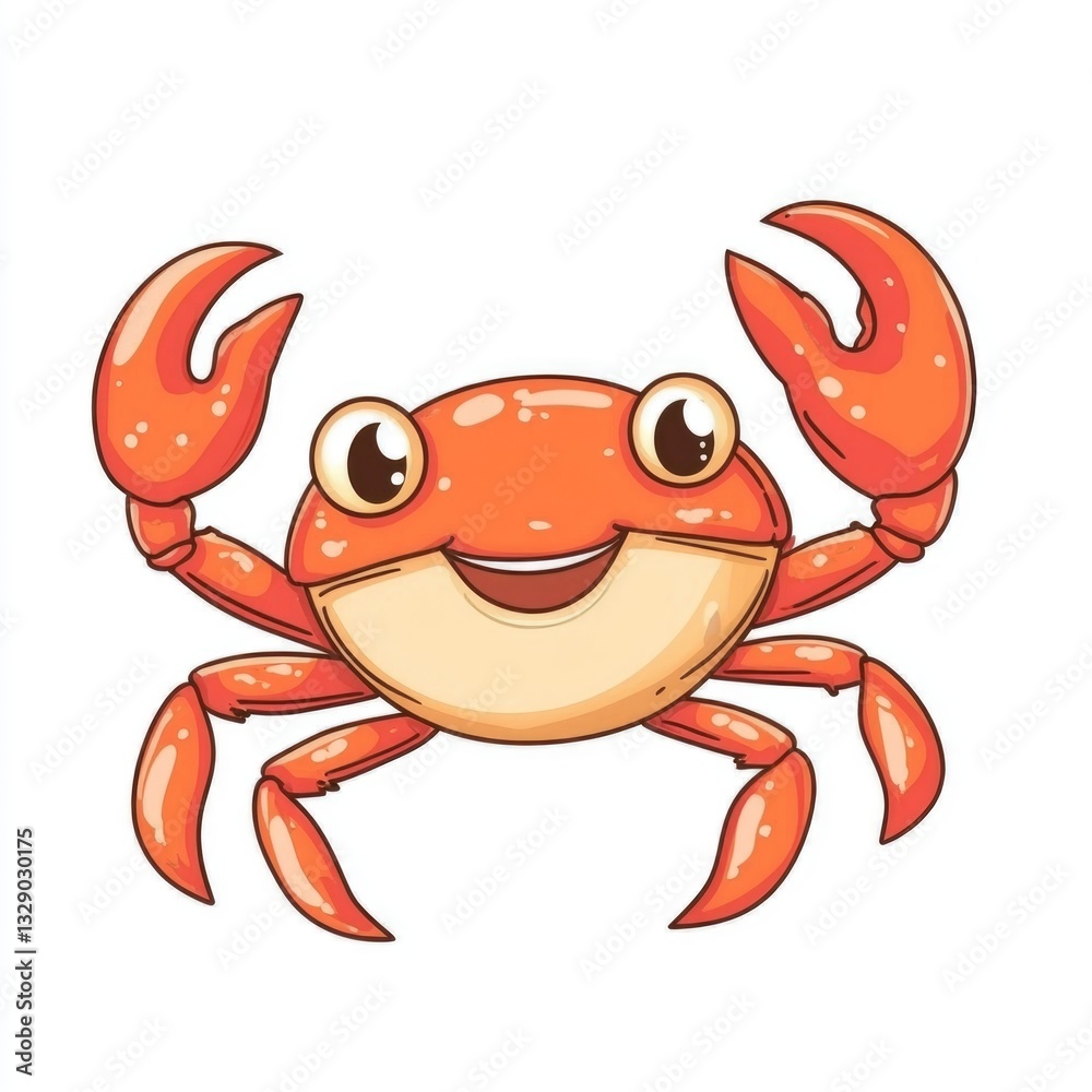 Fototapeta premium A smiling cartoon crab with outstretched claws is displayed