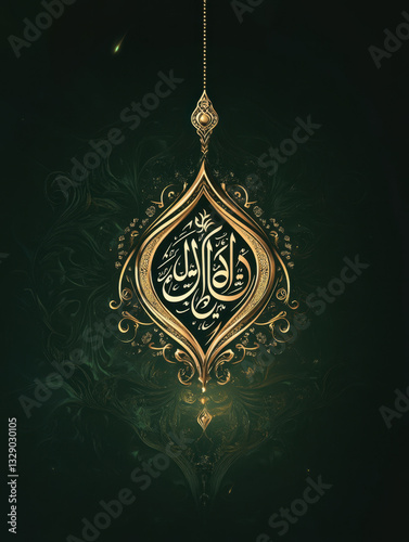 A Ramadan Kareem greeting card featuring Arabic calligraphy with golden accents on a green background