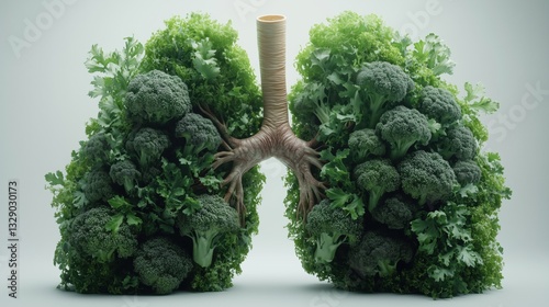 Lungs formed entirely from vibrant green broccoli and leafy vegetables showcasing creativity in plant-based representation Concept of global pollution