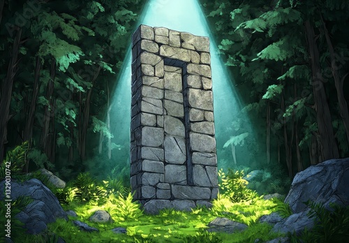 Mysterious Stone Monolith in a Lush Green Forest Illuminated by Light