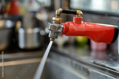 Water spraying from a pre rinse unit in a commercial kitchen, offering efficient cleaning and rinsing capabilities