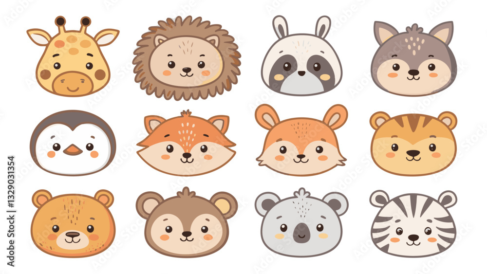 Cute and minimal animal face icons featuring giraffe, hedgehog, panda, wolf, penguin, fox, deer, tiger, bear, monkey, koala, and zebra Cute and minimal animal face icons featuring giraffe, hedgehog, panda, wolf, penguin, fox, deer, tiger, bear, monkey, koala, and zebra