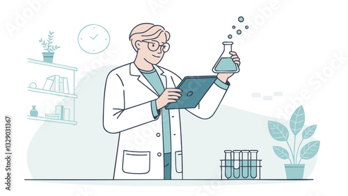 scientist in lab coat examines flask with tablet in hand, surrounded by test tubes and plants, symbolizing connection between research and practical applications