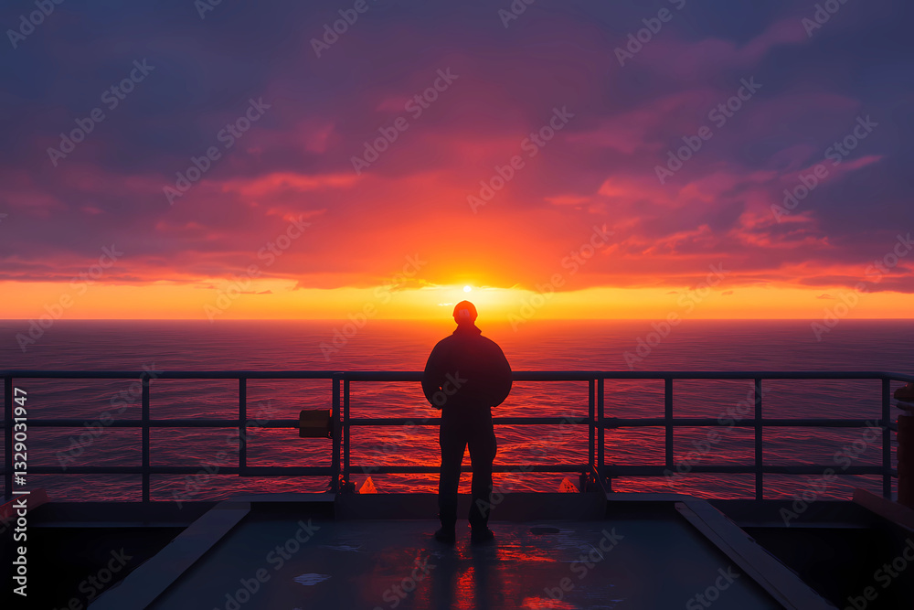 Fototapeta premium Inspiring scene of a worker witnessing an ocean sunrise from an oil platform, evoking hope