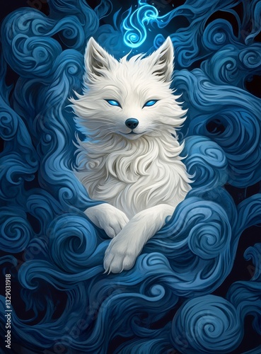 Mystical White Arctic Fox in Swirling Blue Smoke Digital Painting