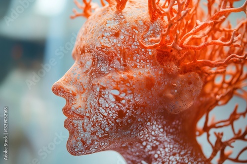 Orange coral like humanoid hybrid showing its porous and branched body, shifting between a solid and liquid state
