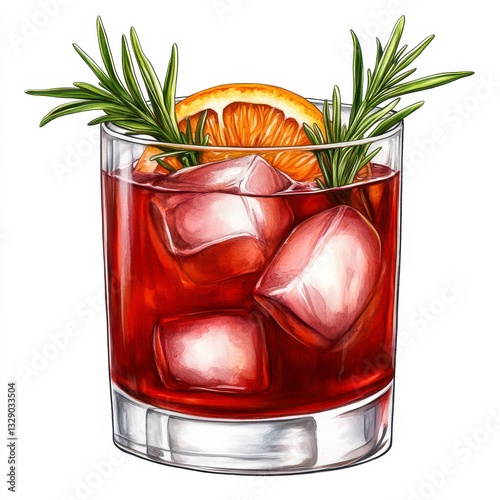 Negroni Sbagliato Cocktail Illustration with Orange and Rosemary Garnish