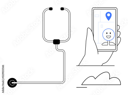 Smartphone with navigation app and location marker, electric scooter illustration, and cloud accent. Ideal for urban mobility, technology, navigation, sustainable travel, apps, commuting flat simple