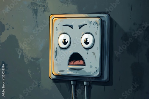 Cartoon illustration of a scared electric socket with a shocked expression on a grunge wall
