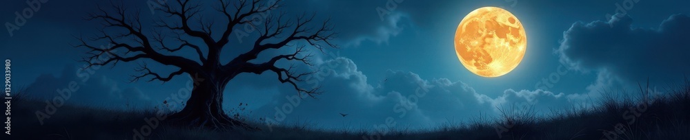 Fototapeta premium Full moon casts shadows on gnarled dead tree, Halloween backdrop , eerie, spooky background
