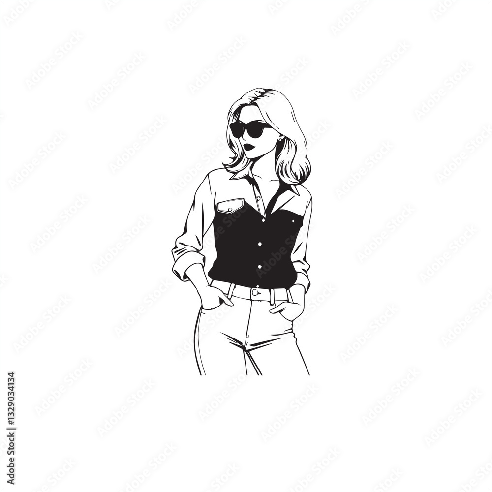 Silhouette and Outline Drawing of 70s Retro Woman in Bell-Bottoms and Sunglasses Silhouette and Outline Drawing of 70s Retro Woman in Bell-Bottoms and Sunglasses