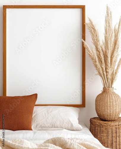 Neutral Bedroom Interior Mockup with Wooden Frame and Pampas Grass