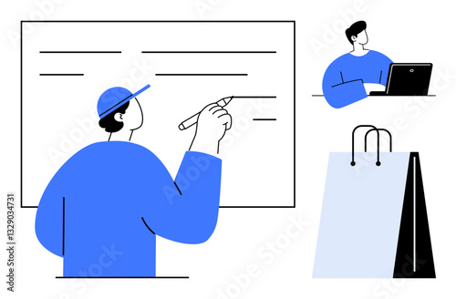 Person writing on a whiteboard, individual working on a laptop, and shopping bags. Ideal for education, teamwork, e-commerce, brainstorming, online work training business. Flat simple metaphor