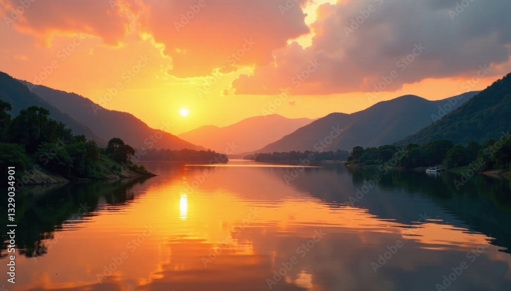 Fototapeta premium Golden sunset hues paint Mekong River & hills at Nong Khai, photography, Mekong River