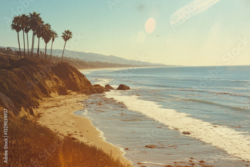 Tropical Sandy Ocean Beach with Palm Trees and Vintage Film Toned Flare