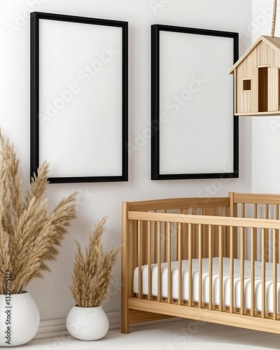 Neutral Beige Minimalist Nursery with Wooden Crib and Pampas Grass Decor