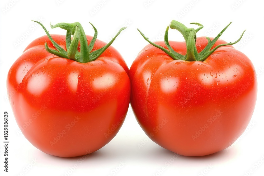 Two ripe tomatoes, vibrant red, with green stems Two ripe tomatoes, vibrant red, with green stems