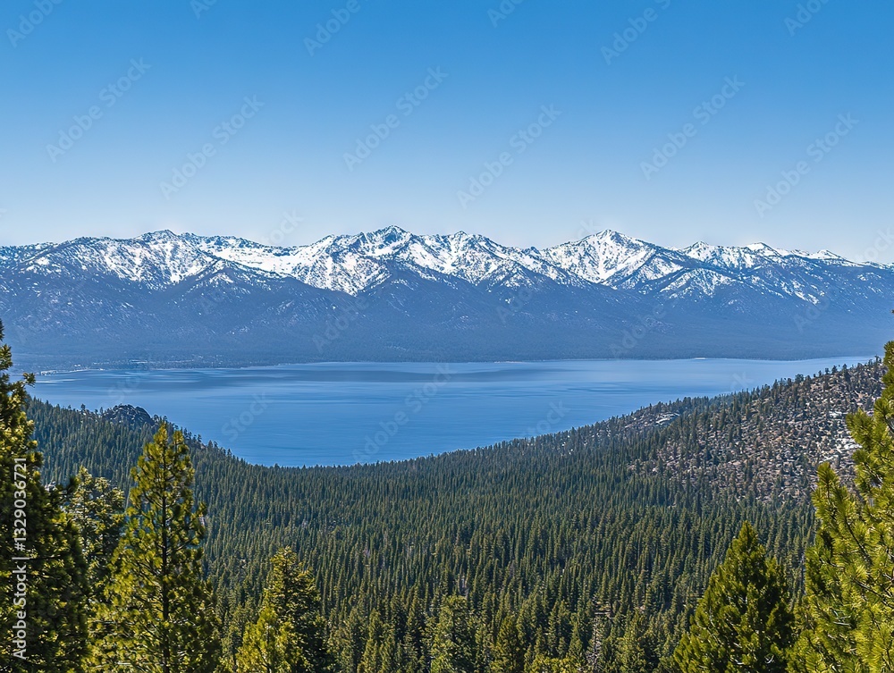 Panoramic Lake Tahoe Scene with Snow-Capped Mountains and Dense Forest Panoramic Lake Tahoe Scene with Snow-Capped Mountains and Dense Forest