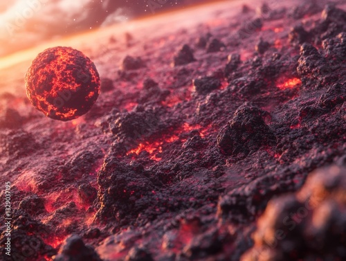 Volcanic Planetscape: A desolate planet with a glowing molten orb hovering above a rocky, lava-filled terrain, bathed in a warm, fiery light, suggesting a world in its fiery infancy.