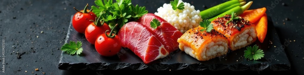 Black stone platter, vibrant Asian cuisine, top view , Japanese, meat Black stone platter, vibrant Asian cuisine, top view , Japanese, meat