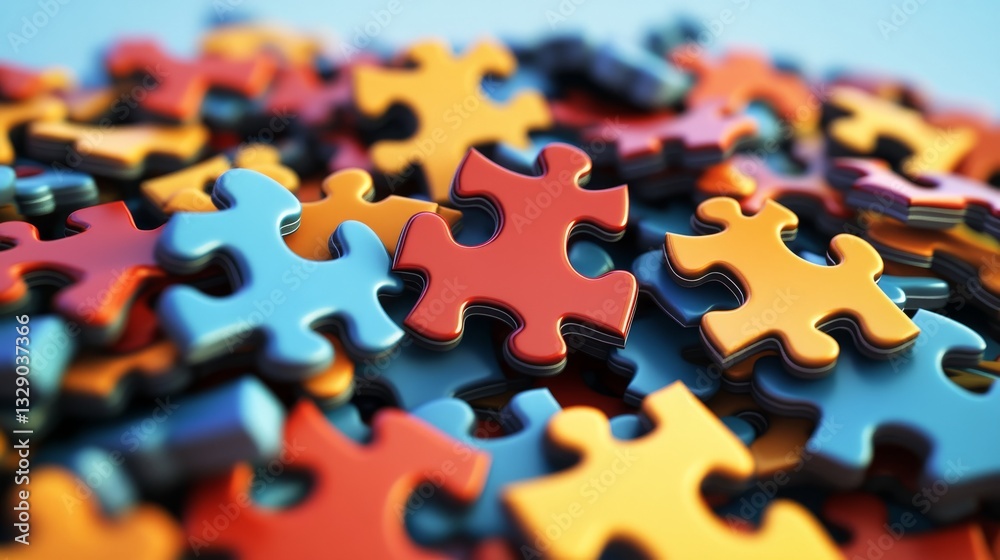 Fototapeta premium Colorful puzzle pieces scattered, creating a vibrant mosaic of connection and problem solving. 