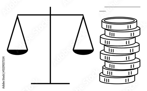 Balance scales paired with stacked coins conveying financial justice, decision-making, or cost assessment. Ideal for equality, fairness, wealth management, budgeting, economics, law investments