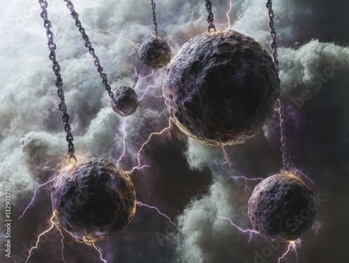 A surreal image featuring large, stone-like orbs suspended by chains amidst a stormy sky. Lightning crackles around the orbs, creating a dramatic and intense visual effect.