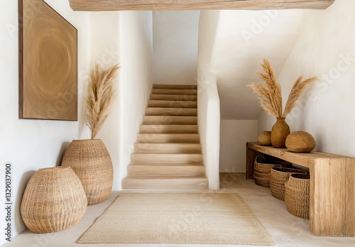 Neutral Tones Interior with Stone Staircase and Pampas Grass