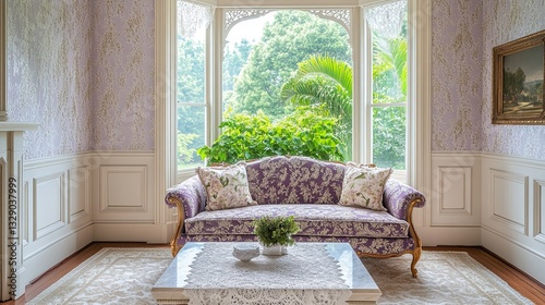 A Victorian living room with muted lavender wallpaper and cream wainscoting