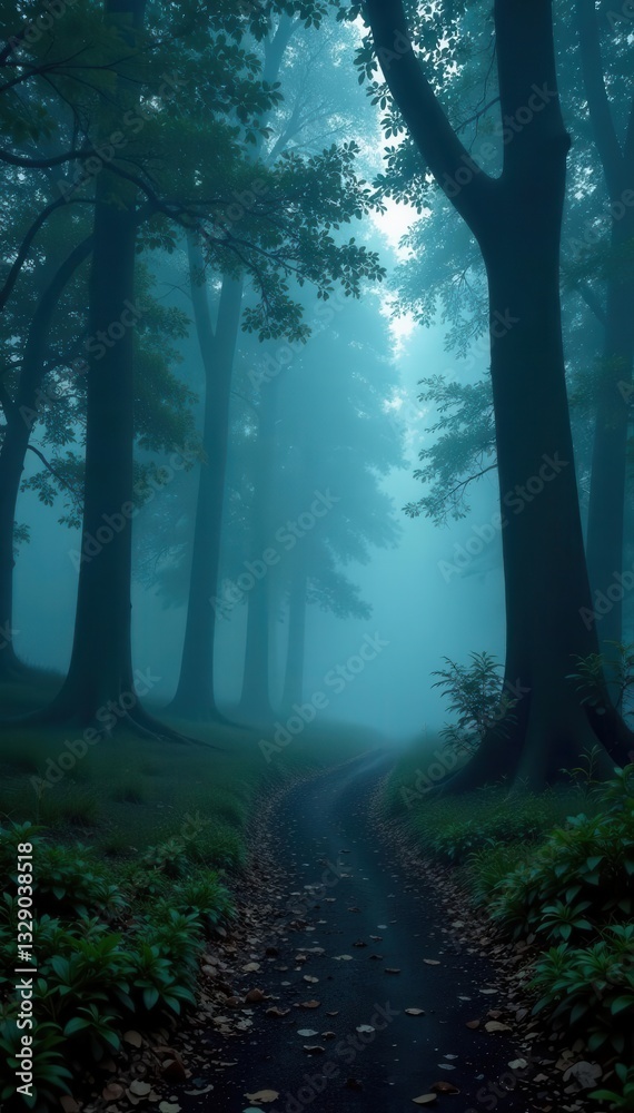 Fototapeta premium Dark,fog-shrouded trail,ancient trees looming, pathway, environment, dark