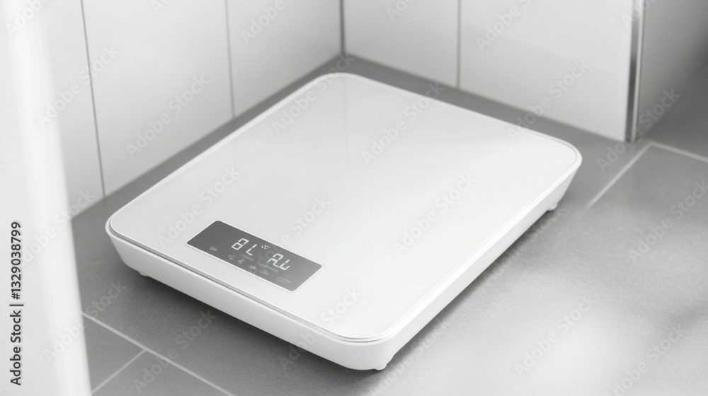 A smart digital scale, bathroom with scale displaying body composition data, Health-tech style A smart digital scale, bathroom with scale displaying body composition data, Health-tech style
