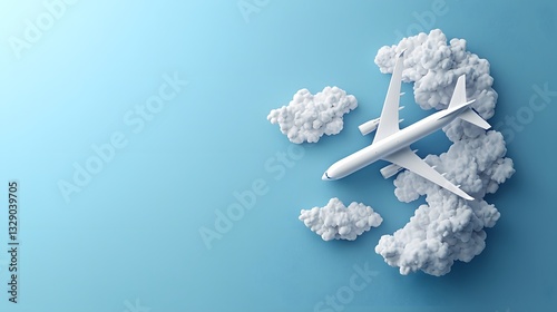 Miniature model airplane soaring amidst fluffy clouds