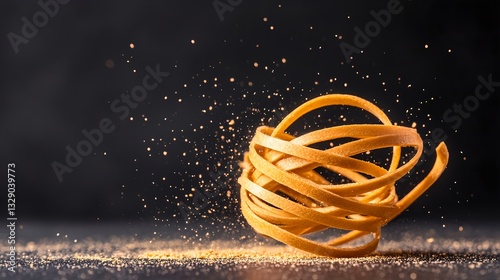 Golden Pasta Swirl In Motion On Dark Background