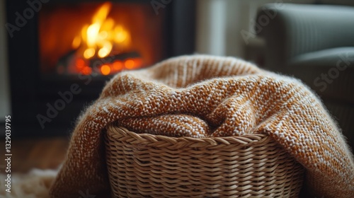 Cozy throw blanket in basket by fireplace