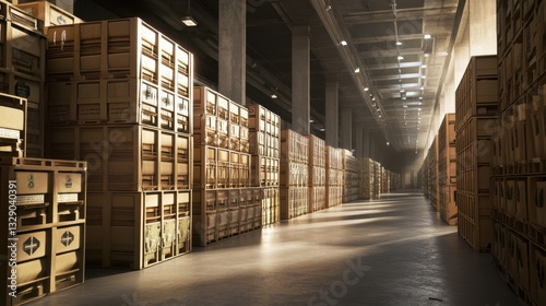 Rows of storage crates fill a large military warehouse, illuminated by overhead lights, highlighting meticulous organization and extensive inventory management.