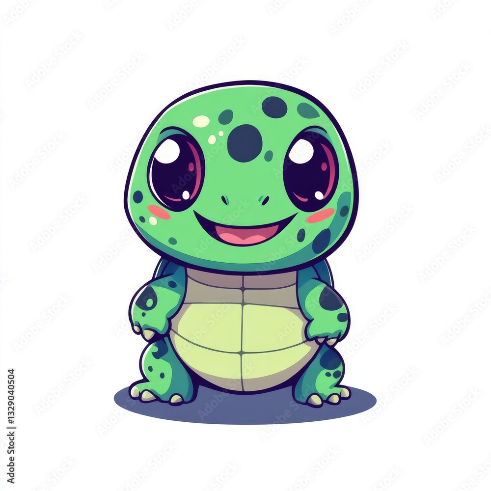 Fototapeta premium A Cute Smiling Cartoon Green Turtle with Big Adorable Eyes