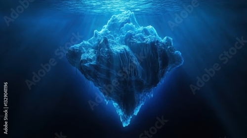 Giant iceberg fragments are seen breaking apart under serene, illuminated waters, showcasing the natural beauty and unpredictability of ancient ice formations.