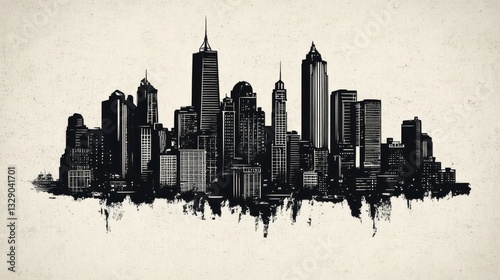 Cityscape skyline in silhouette with highrise buildings and textured background.
