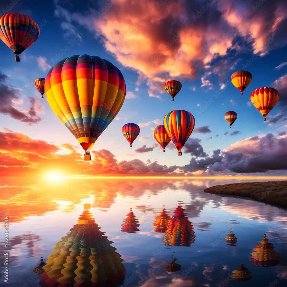 Obraz premium Rainbow-colored hot air balloons against a sunrise
