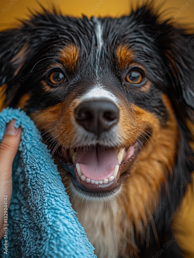 Fototapeta premium A high-angle, close-up shot captures the head and shoulders of a tricolor dog. The dog's fur is predominantly brown and black with white markings. Its expression is one of happiness and contentment,