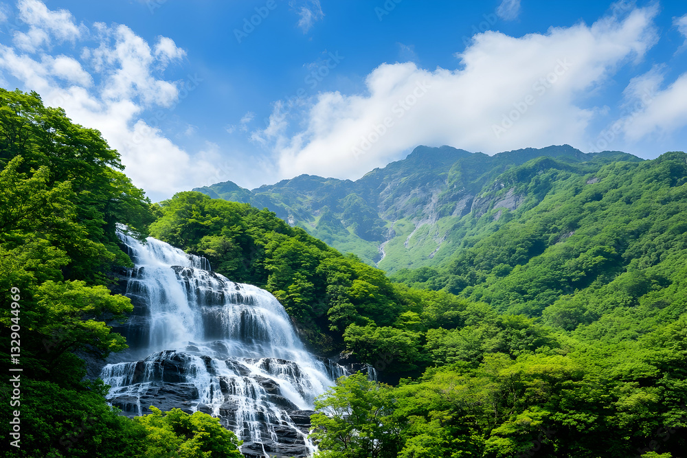 Fototapeta premium Lush green mountains frame a cascading waterfall under a vibrant blue sky