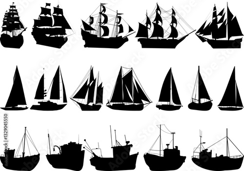 ships set silhouette, vector on white background